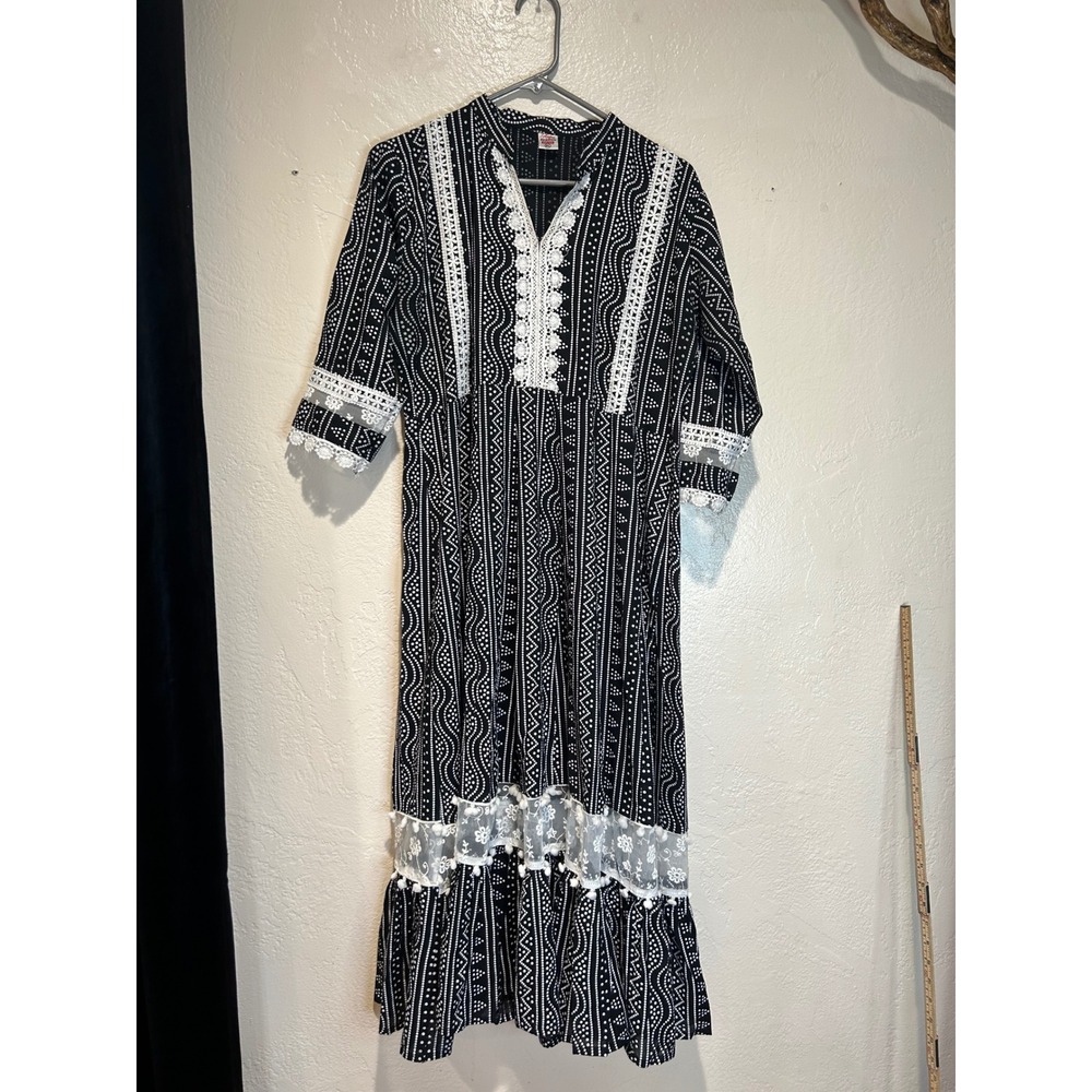 Hafia Fashion Womens Black White Geometric Print Lace Trim Maxi Dress XL
